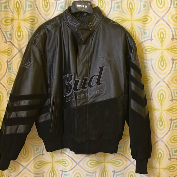 Budweiser Excelled Black Leather Racing Jacket Size Large - Picture 1 of 7